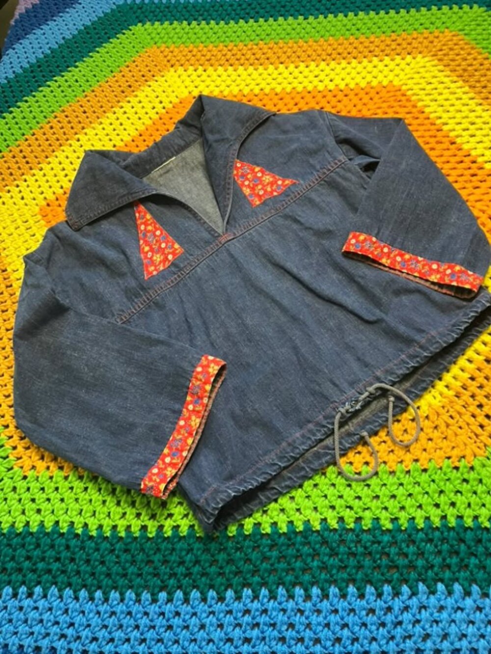 70s Vintage Blue Jean Denim Red Calico Patchwork Sailor Dagger Collar Blouse Top